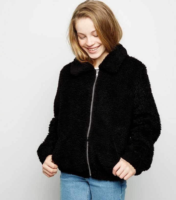 Girls Black Oversized Teddy Borg Jacket New Look
