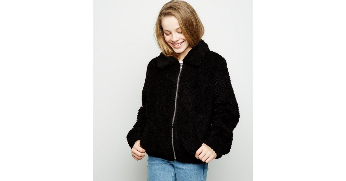 Girls Black Oversized Teddy Jacket New Look