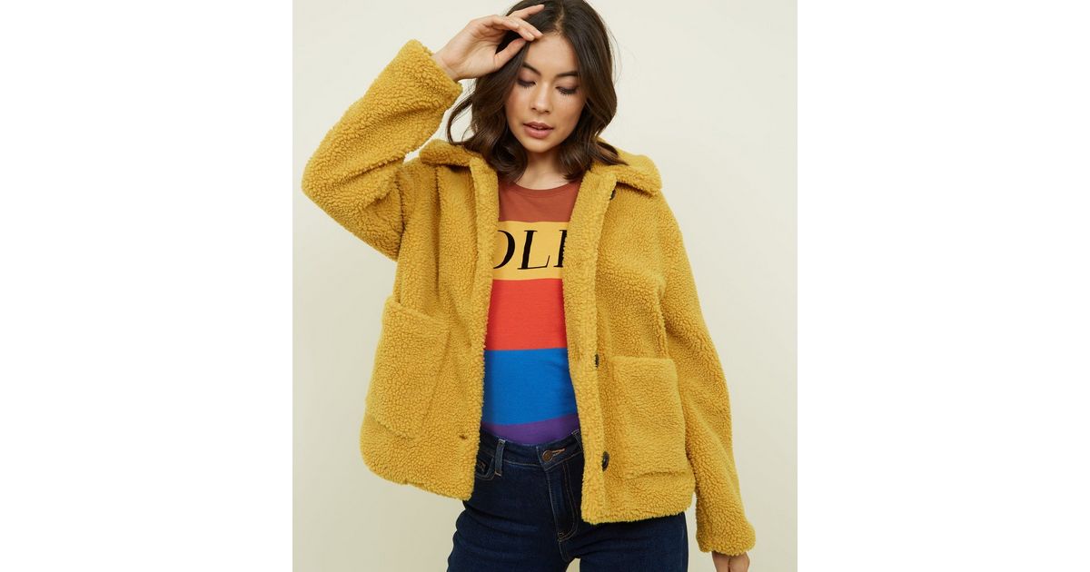 Cameo Rose Mustard Teddy Button Jacket New Look