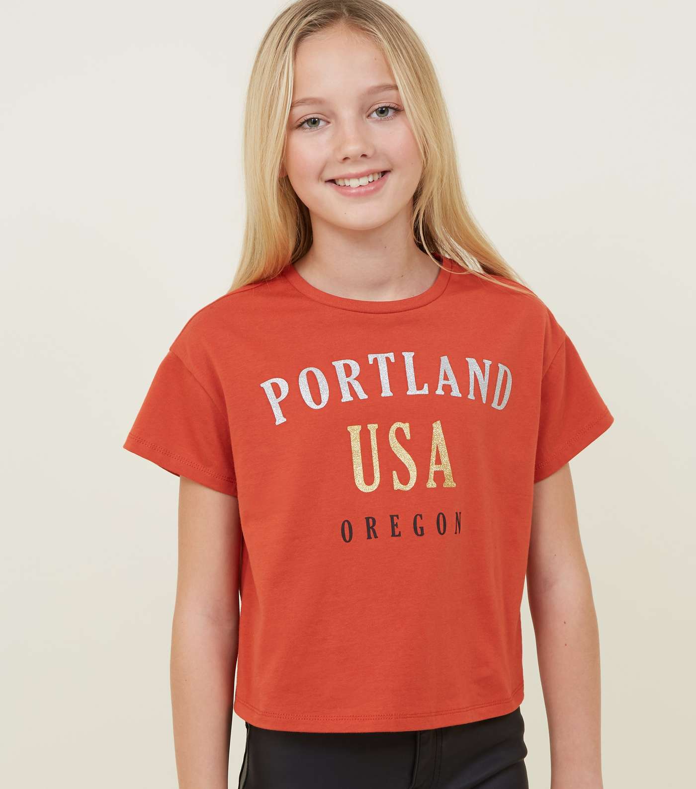 Girls Orange Portland Glitter Slogan T-Shirt 
