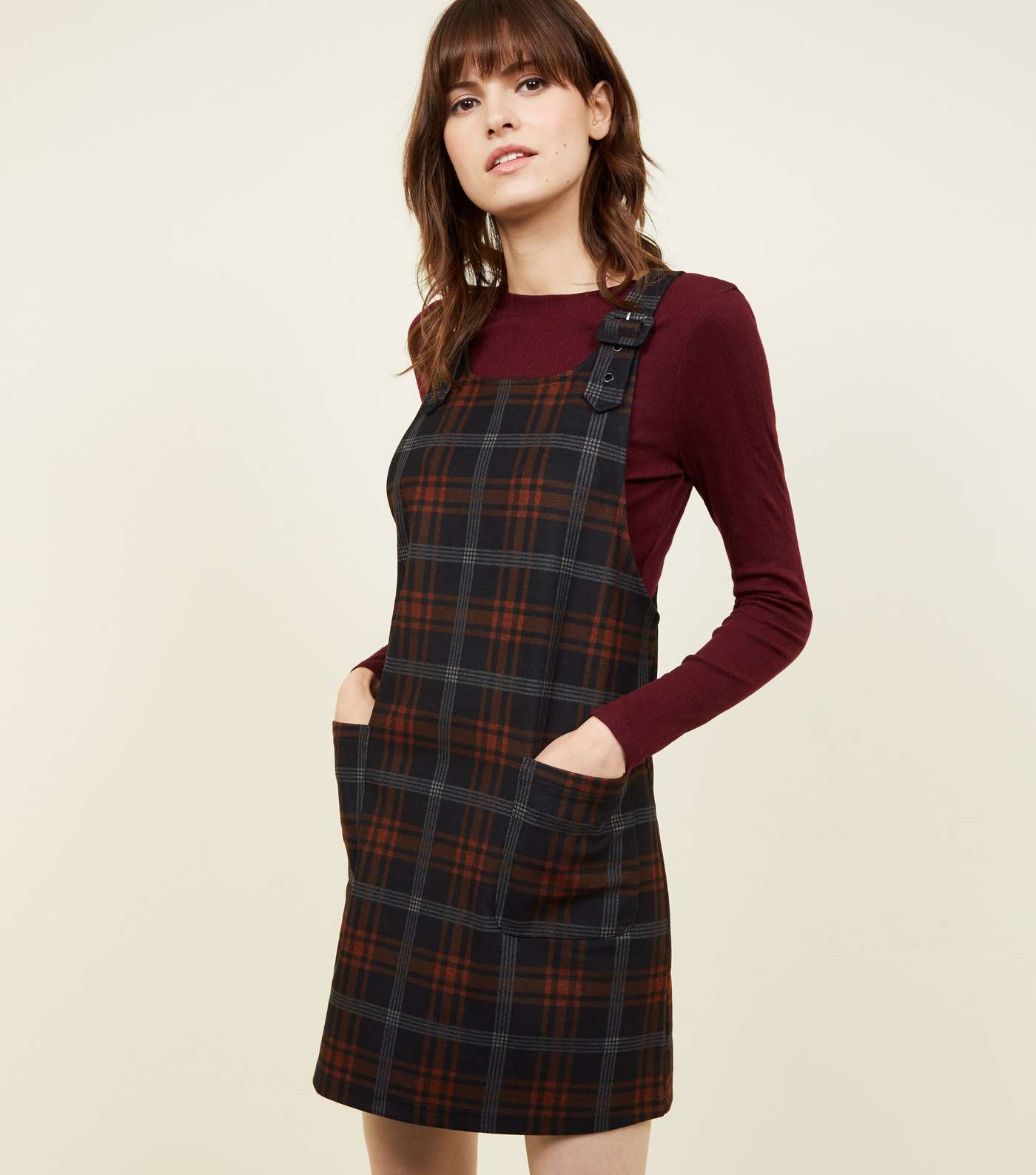 Black Check Brushed Buckle Pinafore Dress 