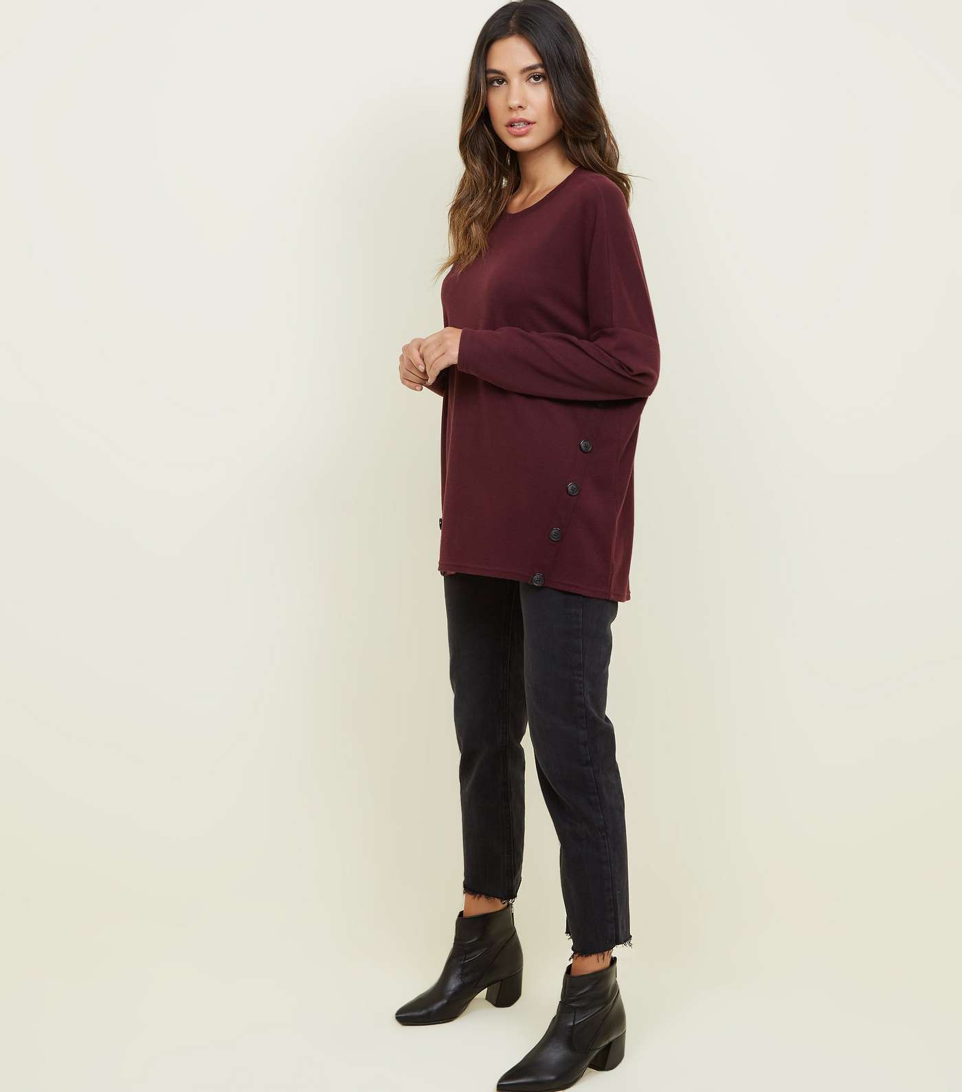 Burgundy Button Side Brushed Batwing Top Image 2