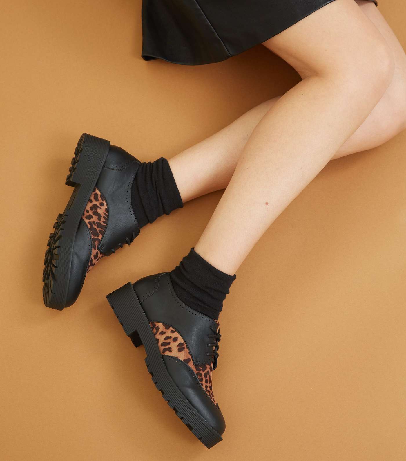 Black Leopard Print Panel Chunky Shoes  Image 2