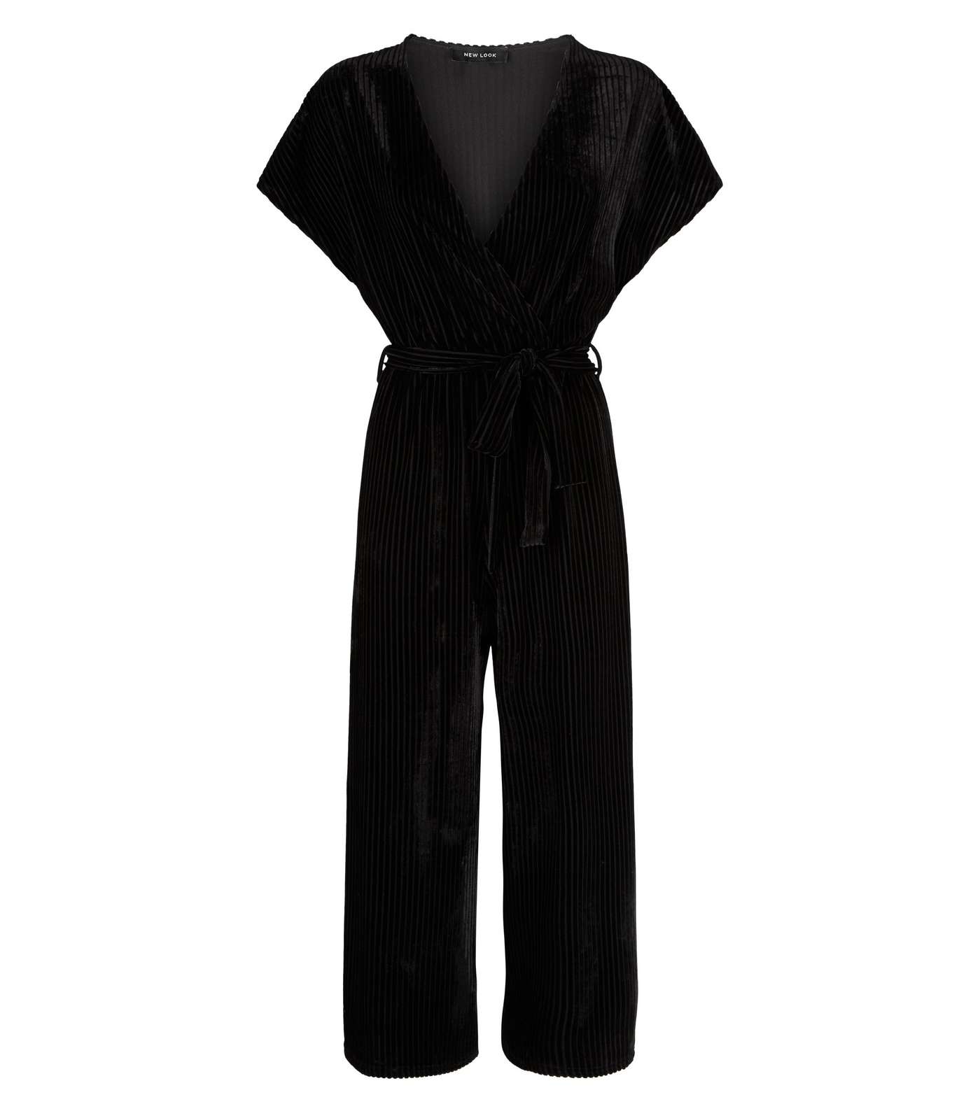 Black Ribbed Velvet Wrap Culotte Jumpsuit Image 4