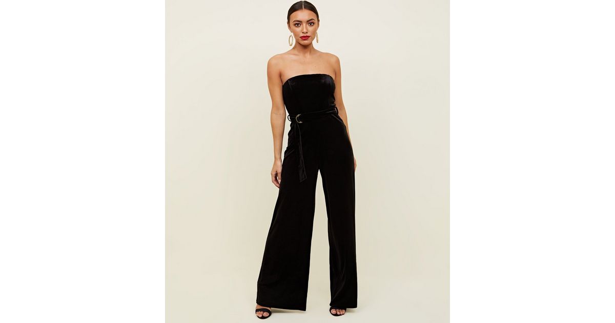 Black Velvet Strapless Belted Jumpsuit New Look
