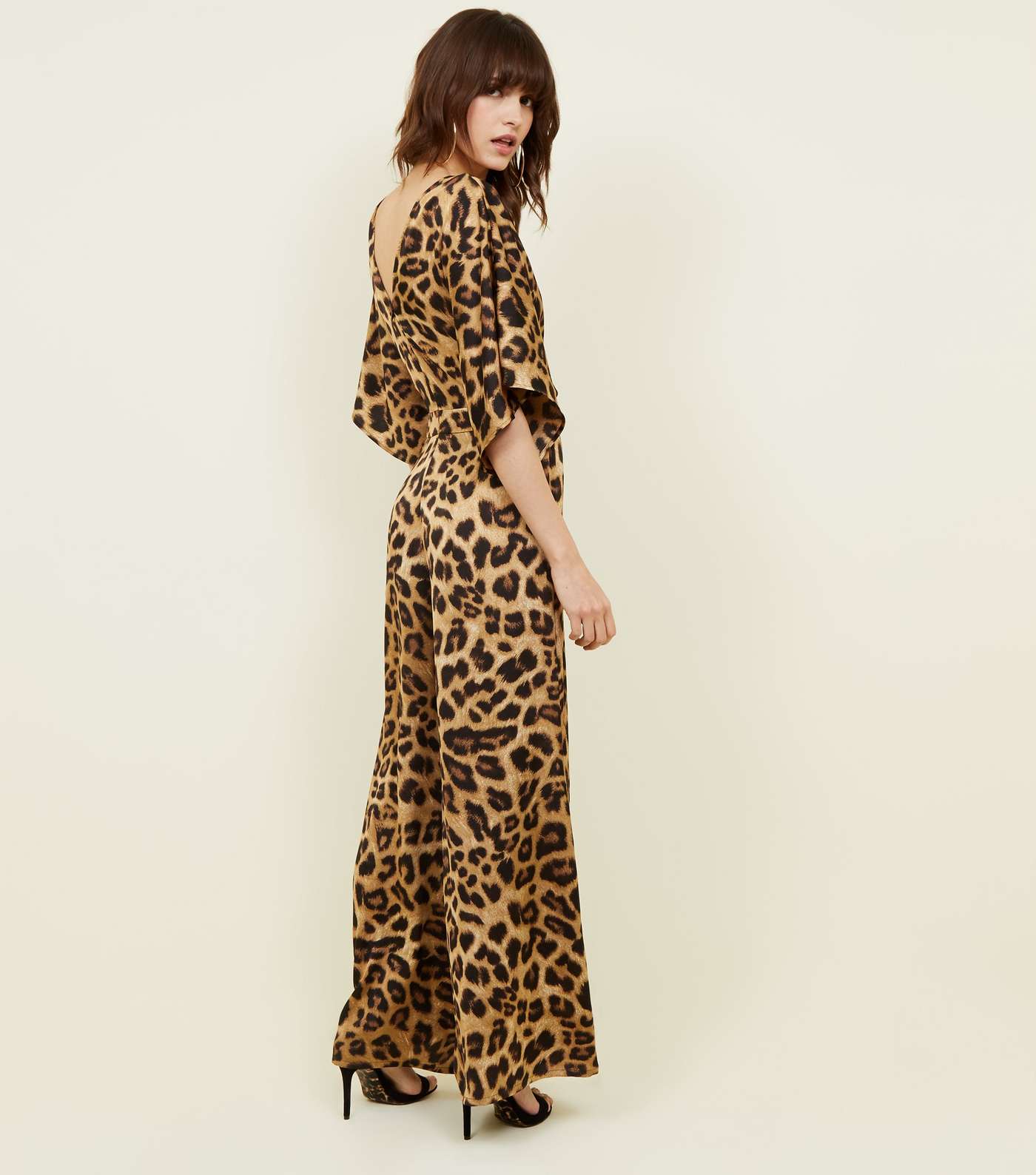 Brown Leopard Print Satin Kimono Sleeve Jumpsuit Image 3