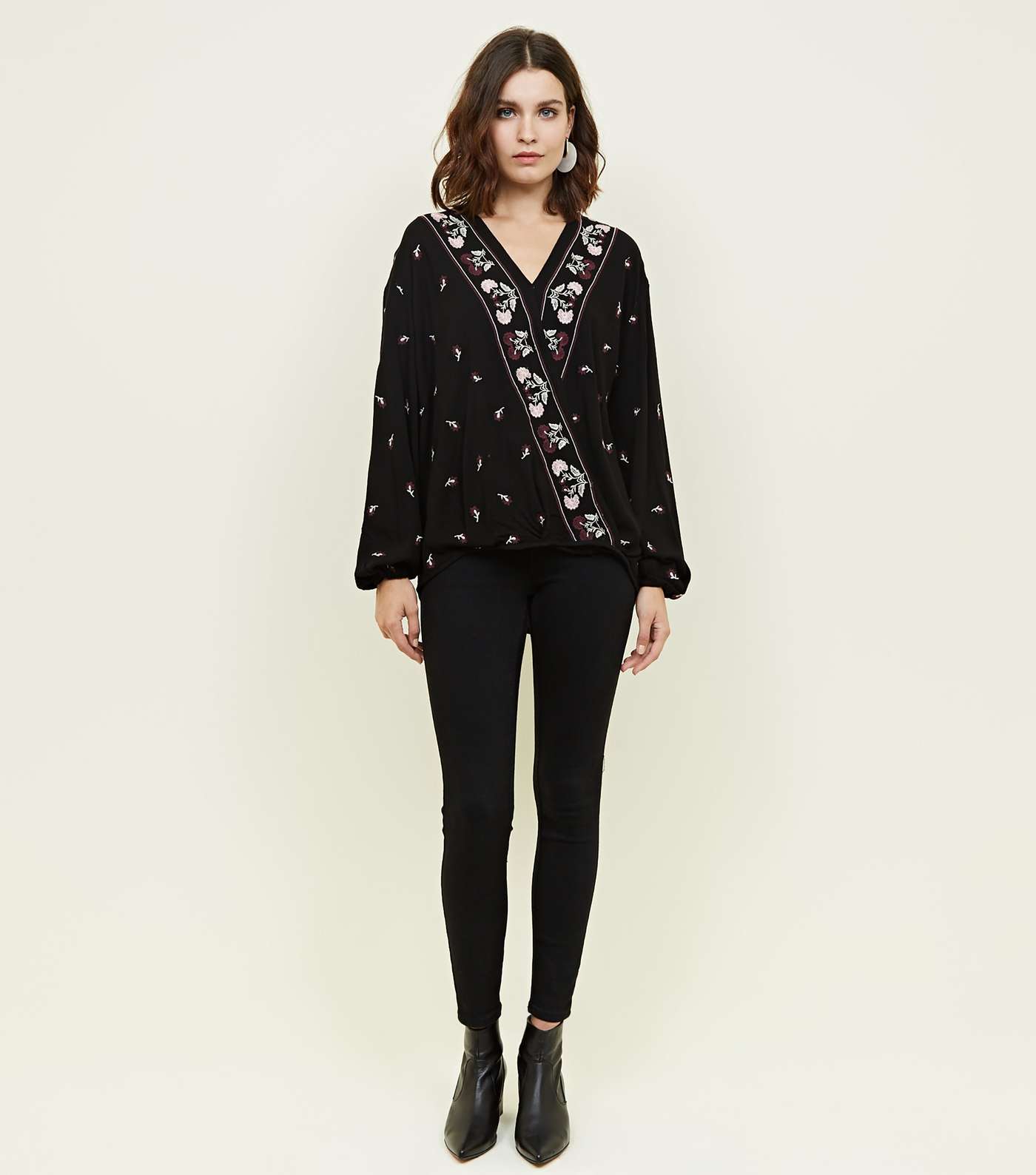 Apricot Black Floral Embroidered Wrap Top Image 2