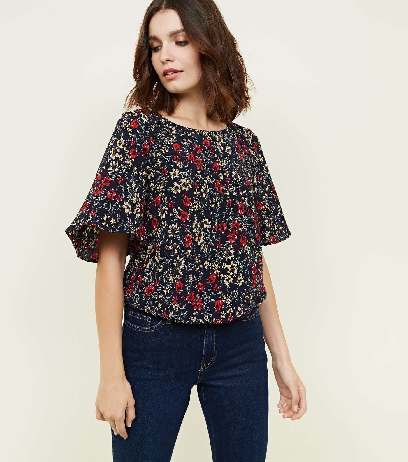 Apricot Navy Floral Tie Back Top