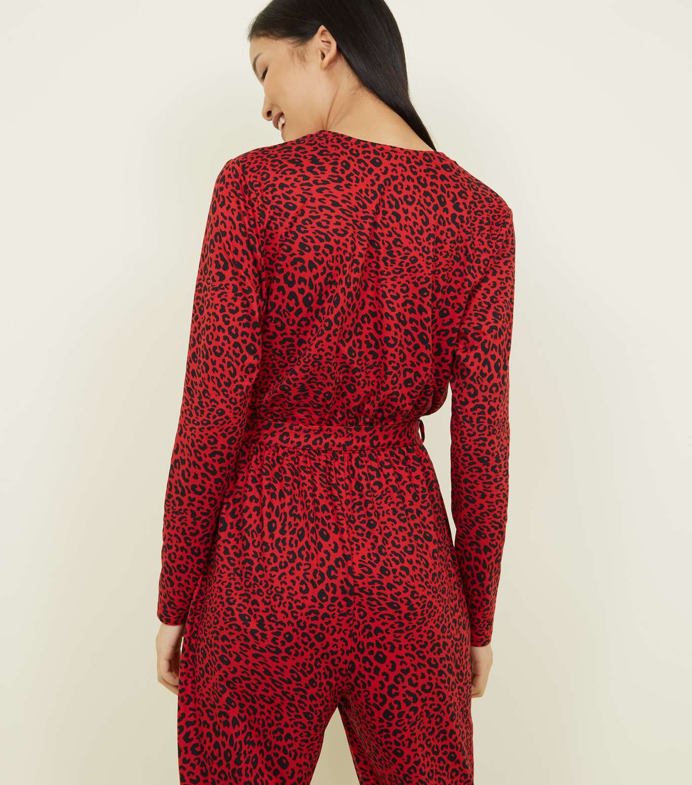 Red Leopard Print Wrap Front Jumpsuit Image 3