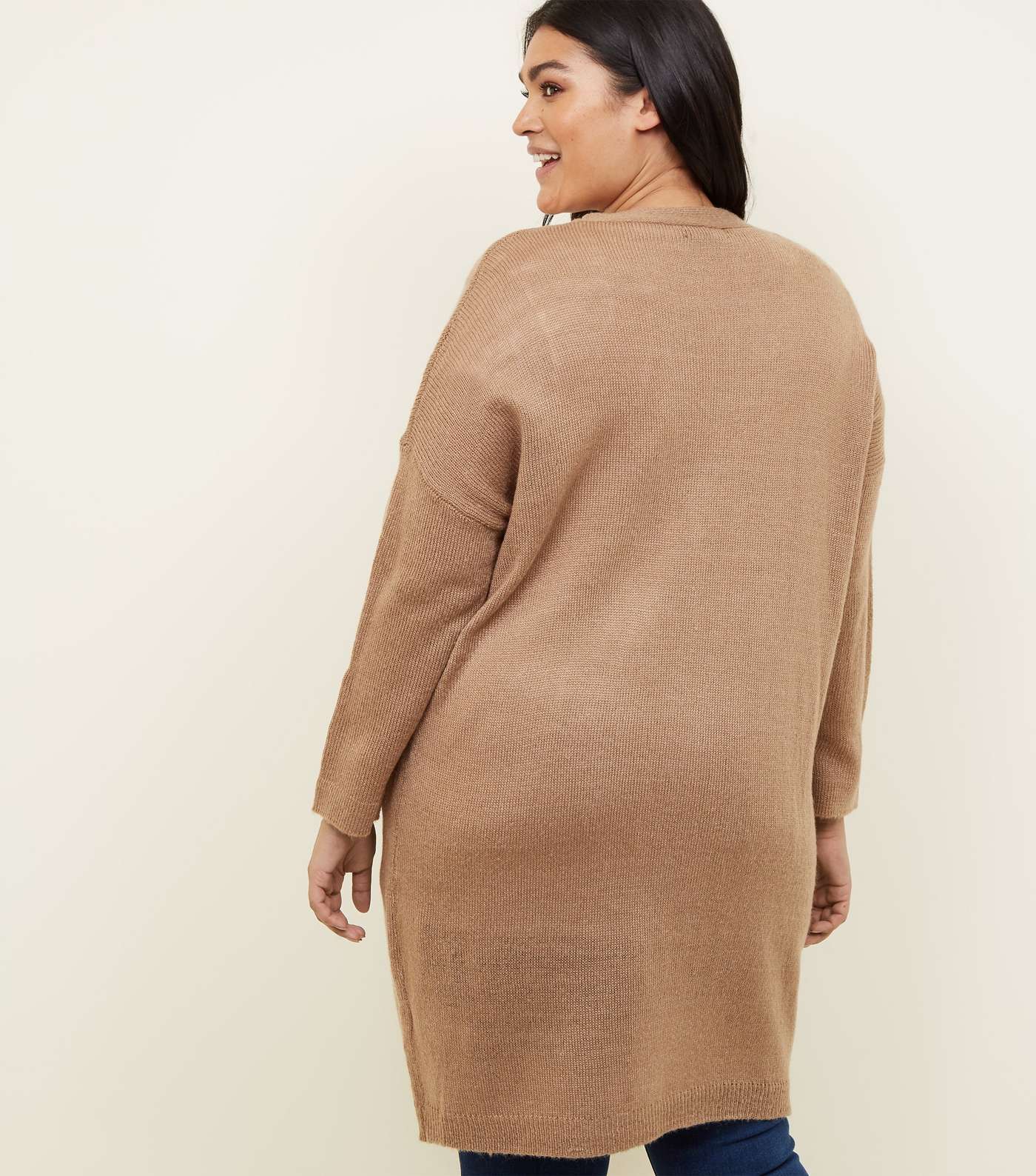 Curves Camel Knitted Longline Cardigan  Image 3
