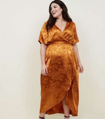 Curves Orange Floral Satin Dip Hem Dress New Look