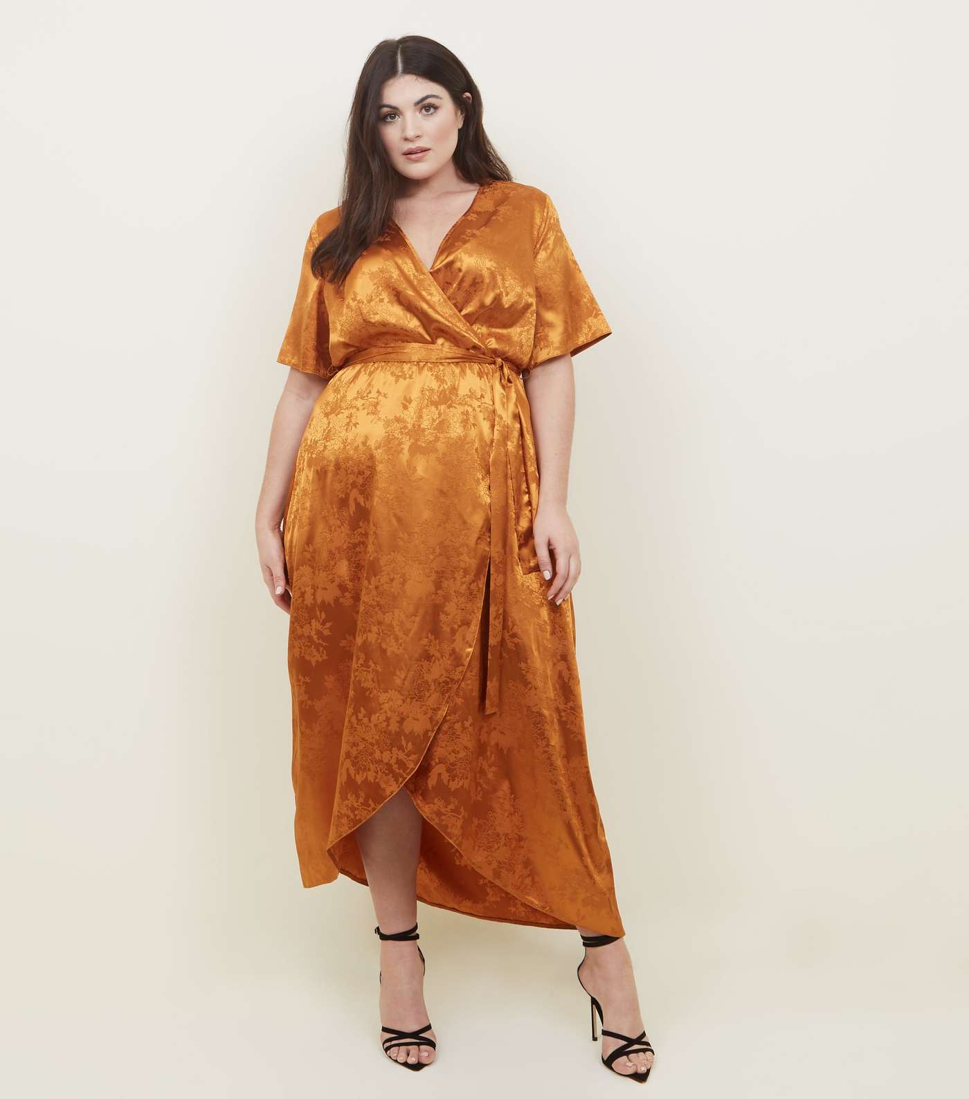 Curves Orange Floral Satin Dip Hem Dress Image 2