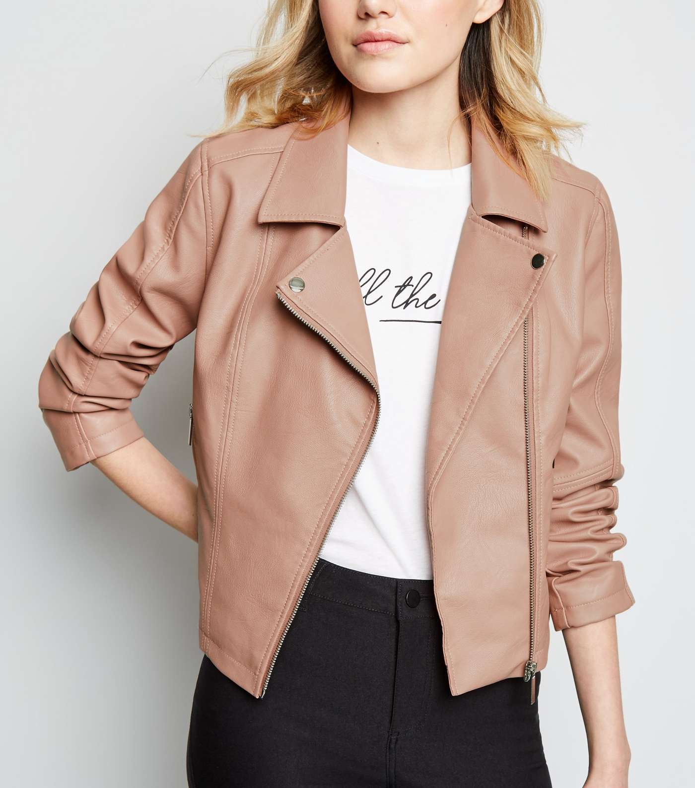 Pink Coated Leather-Look Biker Jacket 