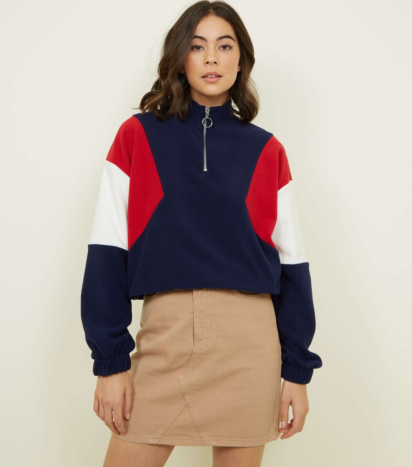 Navy Colour Block Half Zip Fleece Sweatshirt