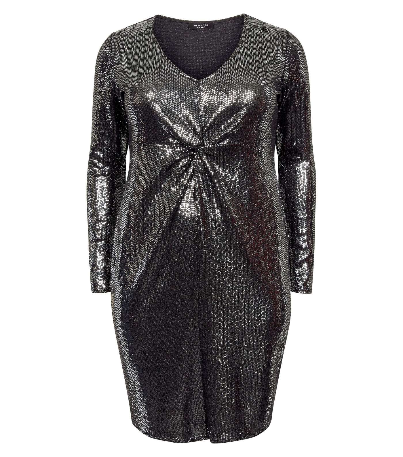 Curves Silver Mirrored Sequin Twist Front Dress  Image 4