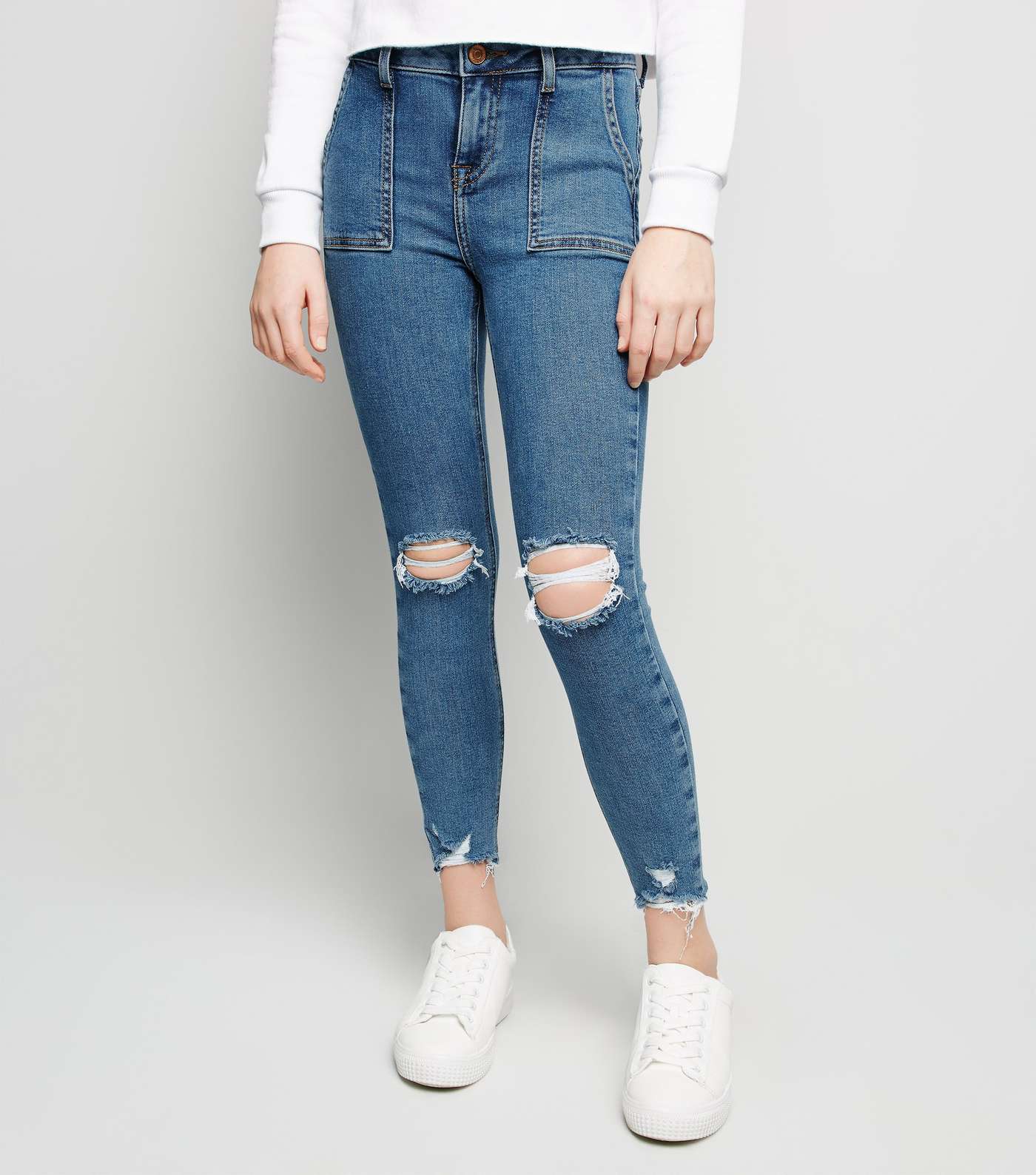 Girls Pale Blue Utility Pocket Ripped Skinny Jeans Image 2
