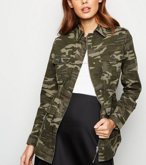 Dark Green Camo Print Utility Jacket