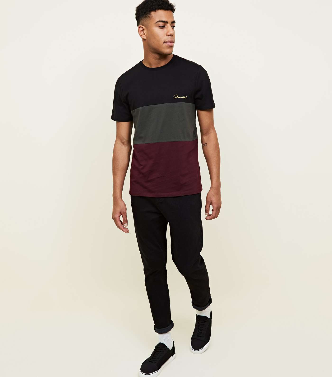 Burgundy Colour Block Parallel Embroidered T-Shirt Image 2