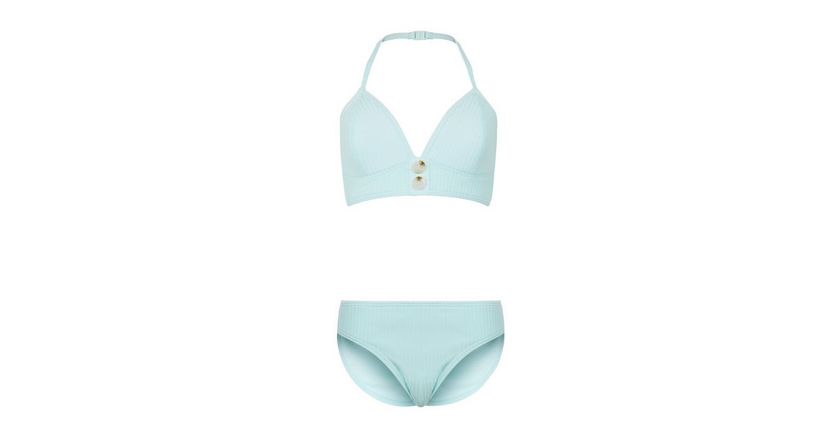 Girls Mintgrüner Gerippter Bikini Mit Knopfleiste Vorne New Look