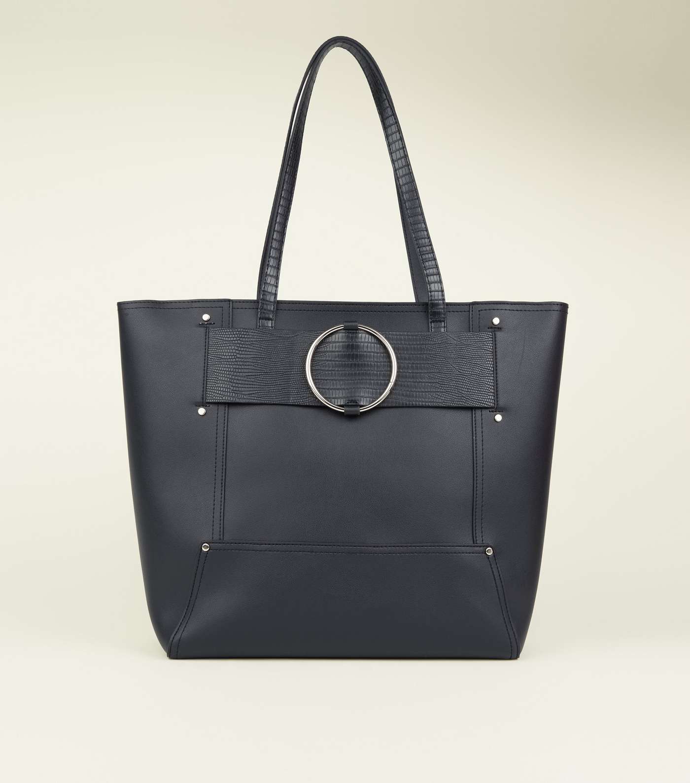 Black Leather-Look Ring Strap Tote Bag