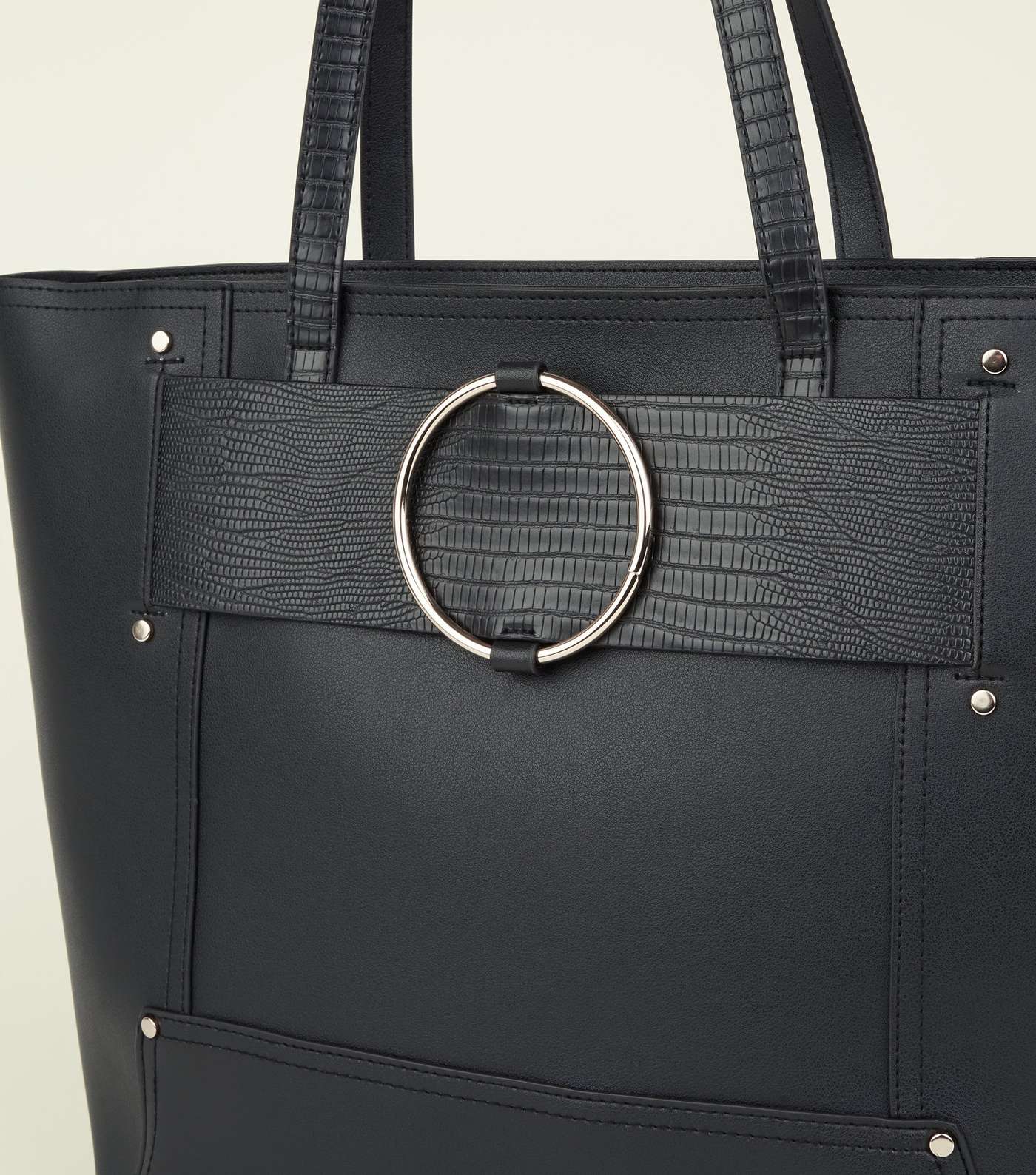Black Leather-Look Ring Strap Tote Bag Image 3