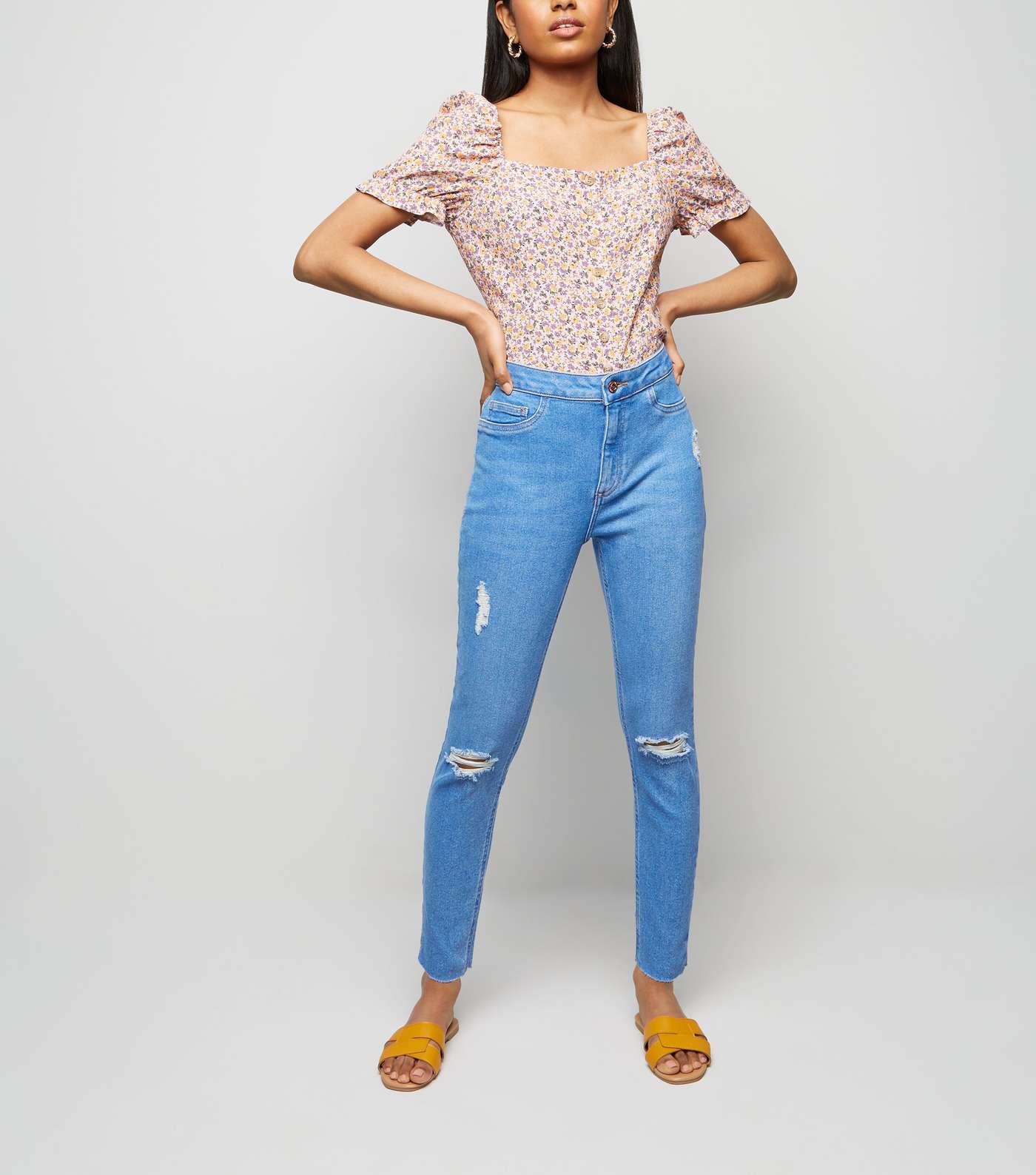 Petite Bright Blue High Waist Ripped Skinny Jeans