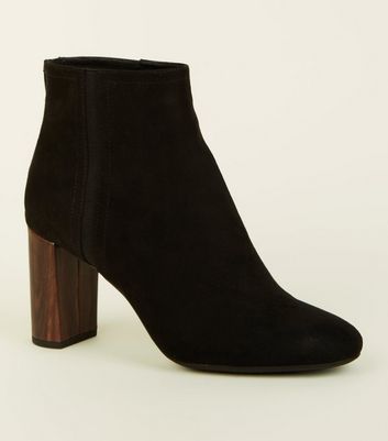 Black Wooden-Look Heel Ankle Boots 