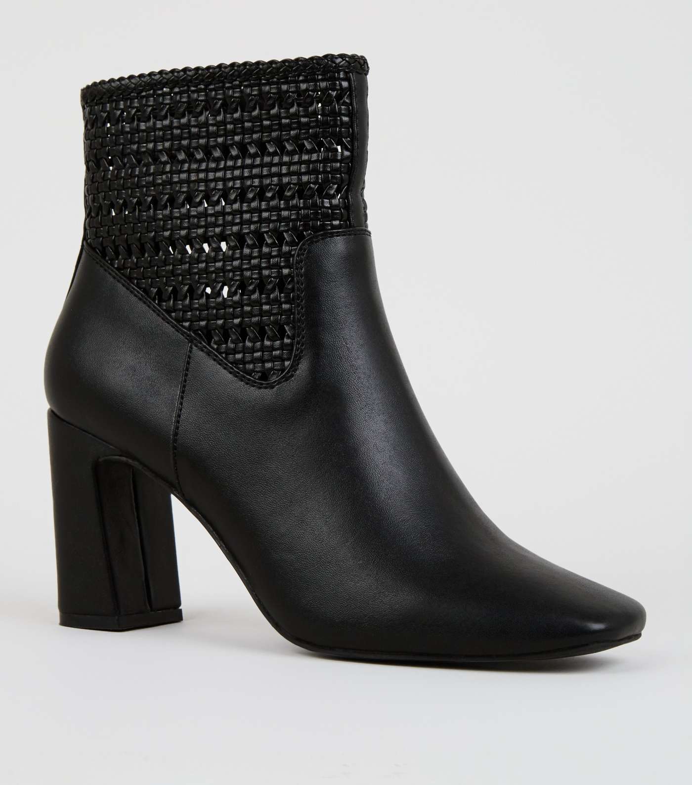 Black Leather-Look Woven Flare Heel Boots