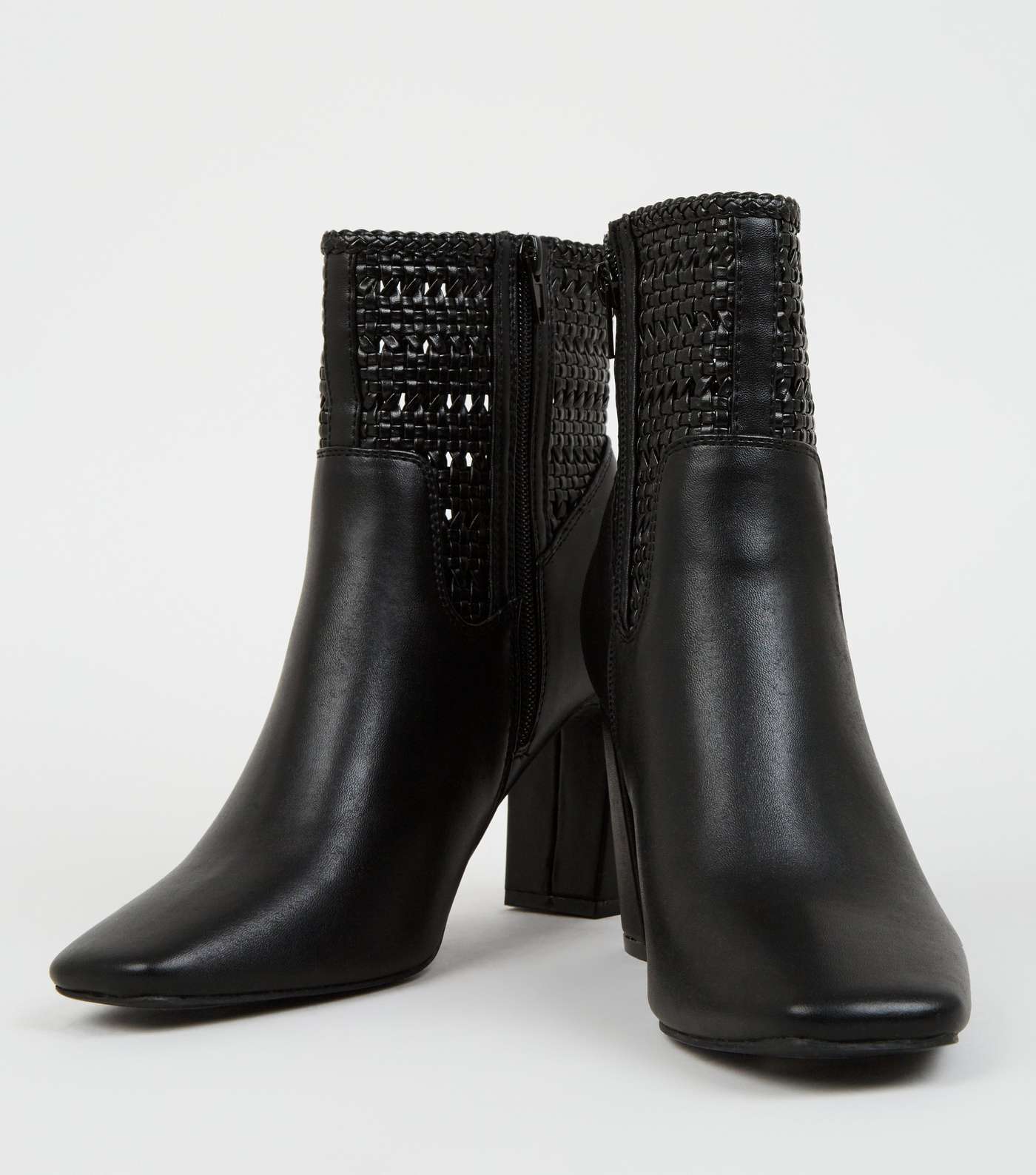 Black Leather-Look Woven Flare Heel Boots Image 3