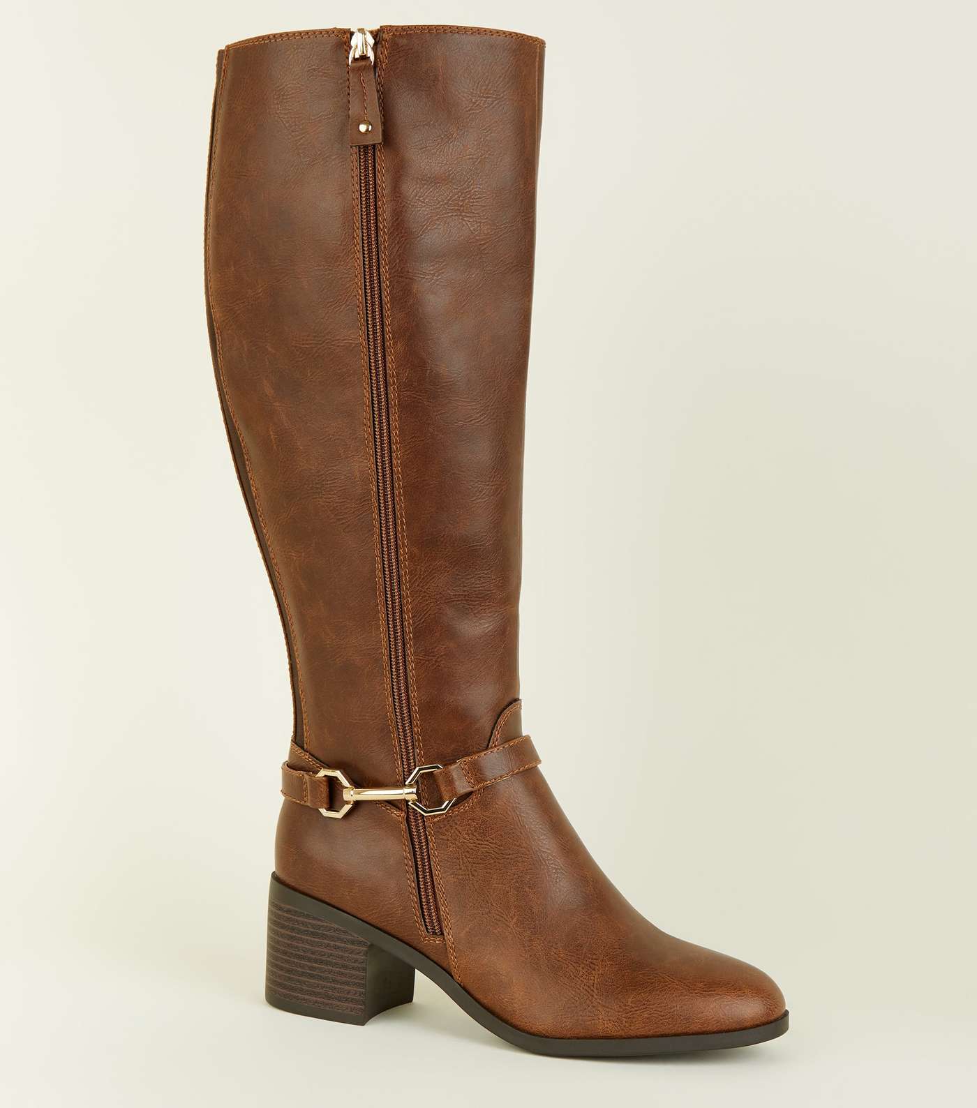 Tan Leather-Look Knee High Western Boots