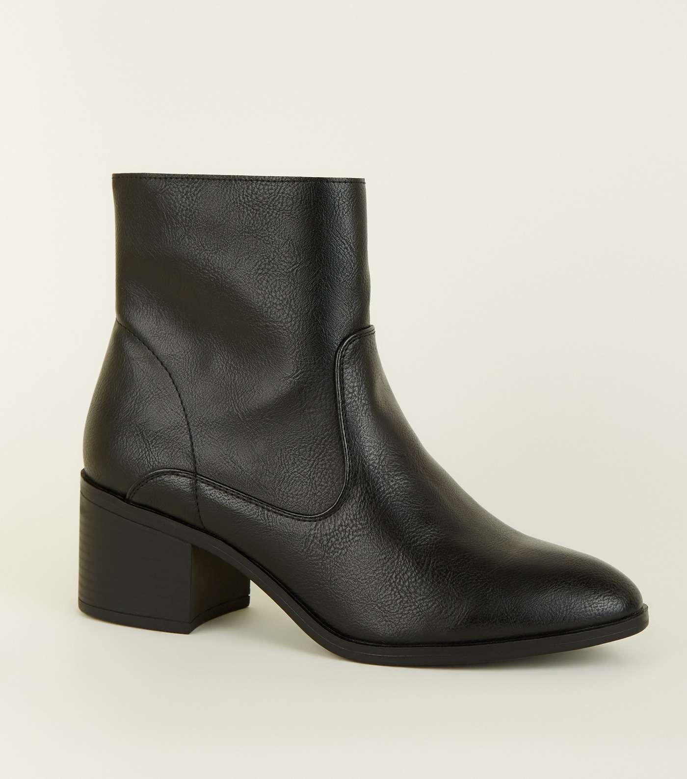 Black Leather-Look Block Heel Ankle Boots