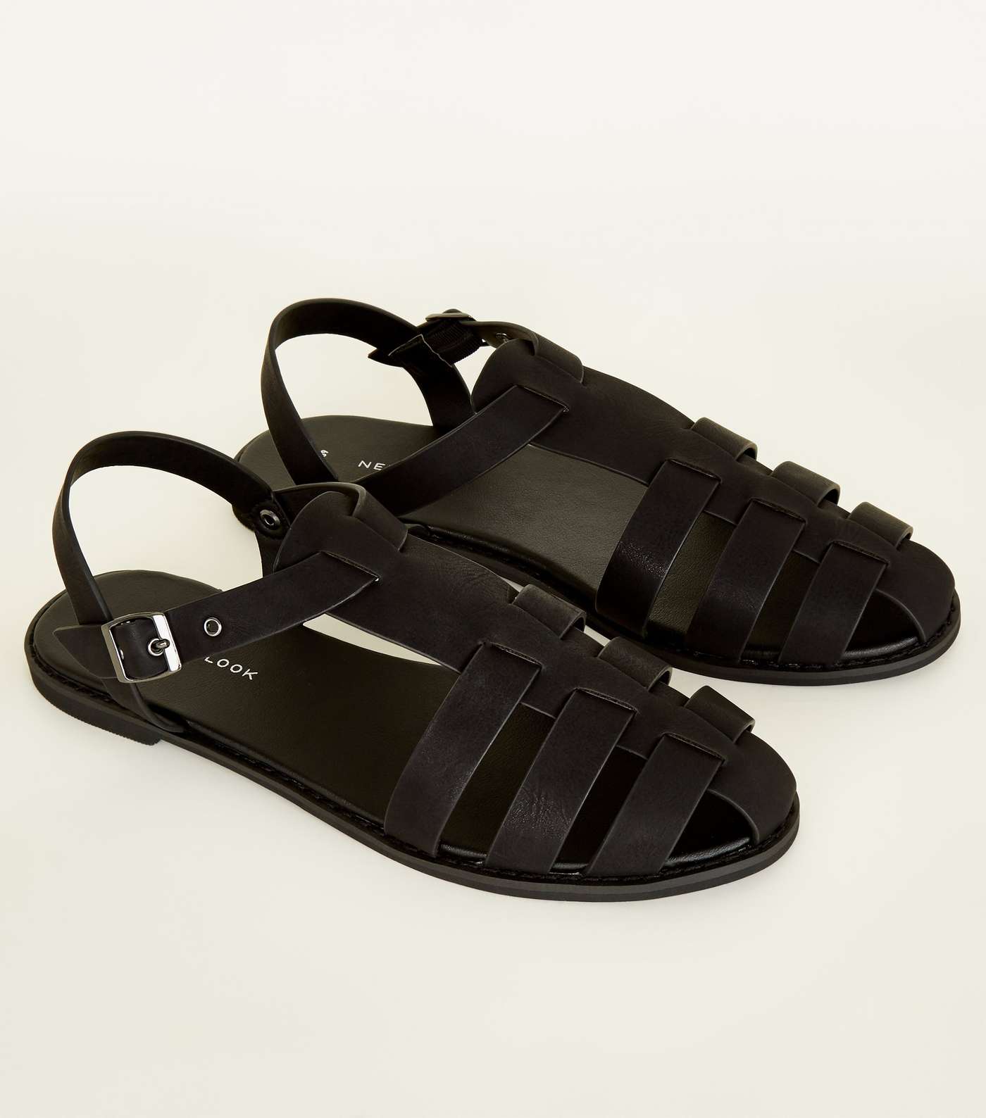 Black Leather-Look Caged Flat Sandals Image 3