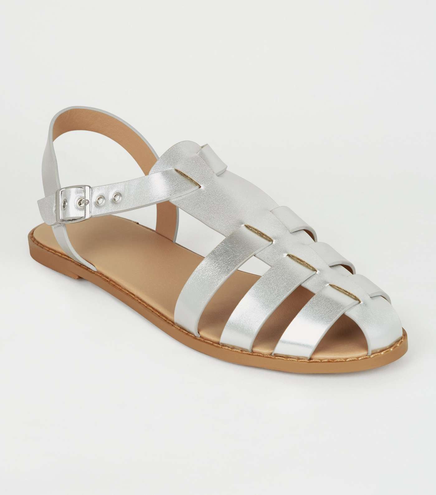 Silver Metallic Leather-Look Caged Flat Sandals