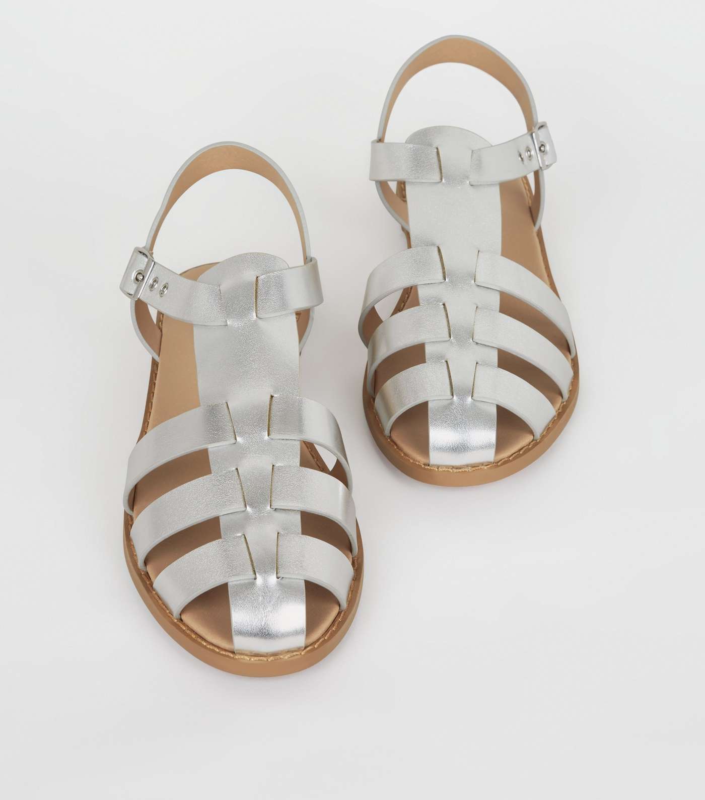 Silver Metallic Leather-Look Caged Flat Sandals Image 3