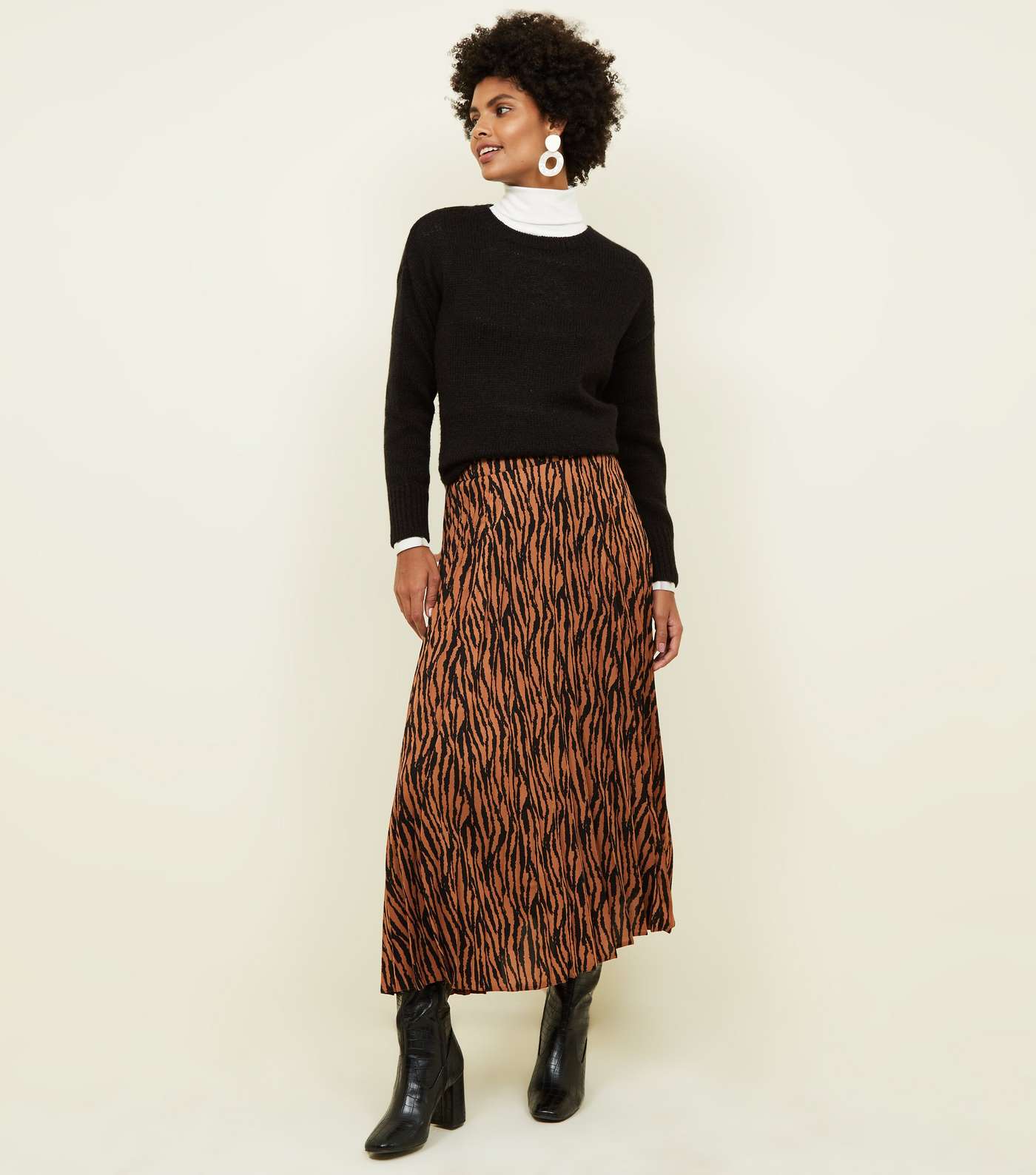 Rust Zebra Print Pleated Midi Skirt