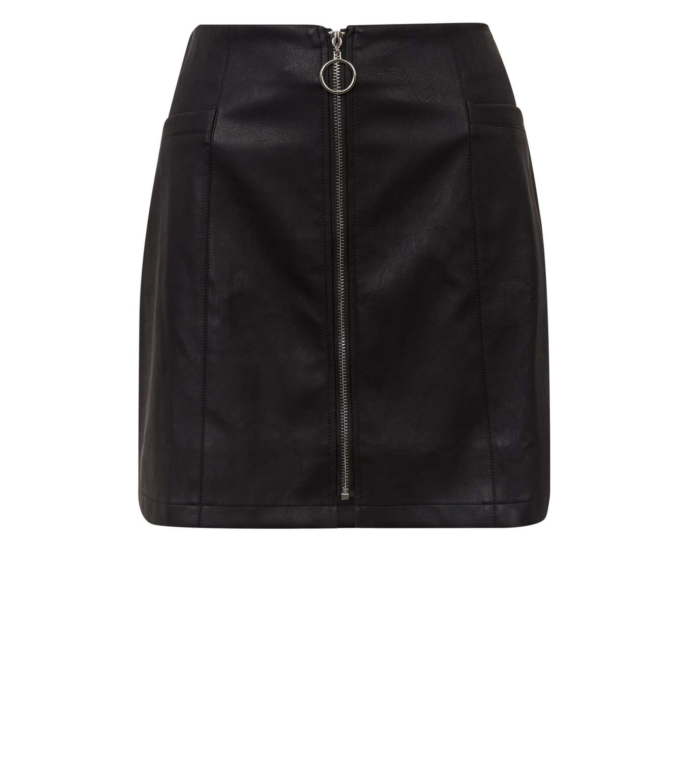 Black Leather-Look Ring Pull Zip Mini Skirt Image 4