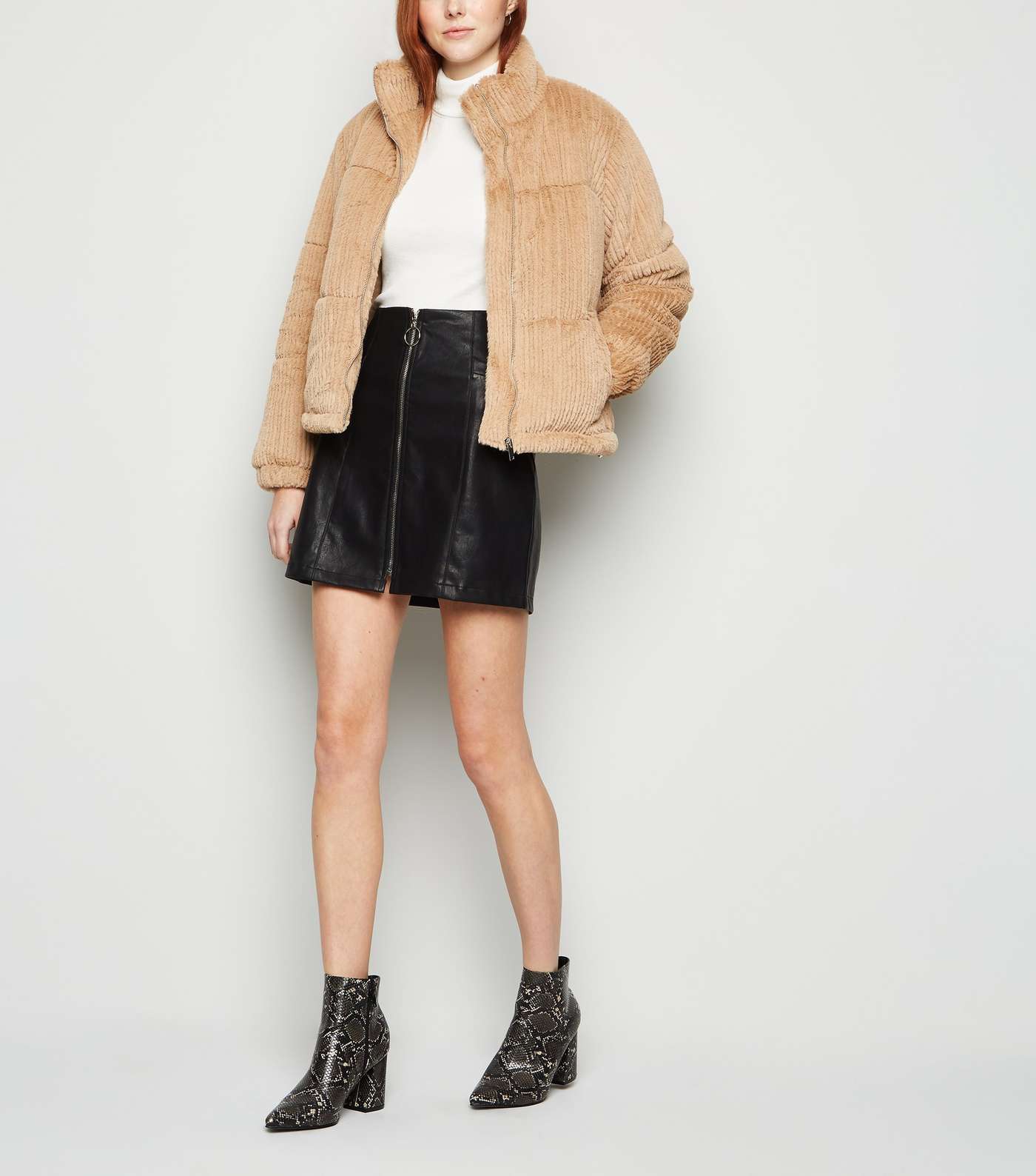 Black Leather-Look Ring Pull Zip Mini Skirt Image 2