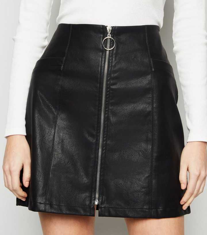 Black Leather-Look Ring Pull Zip Mini Skirt | New Look