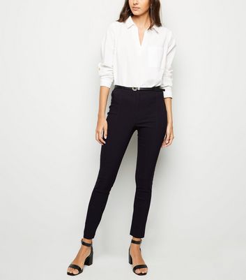 Image of Black Belted Stretch Slim Fit Trousers New Look