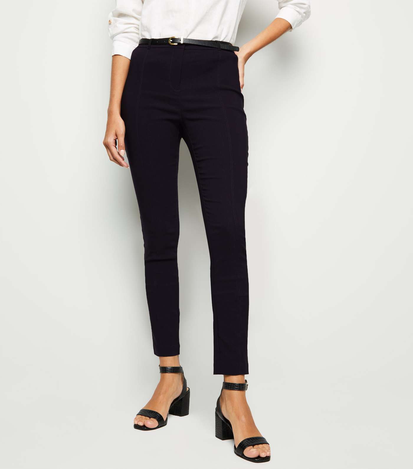 Black Belted Stretch Slim Fit Trousers Image 2