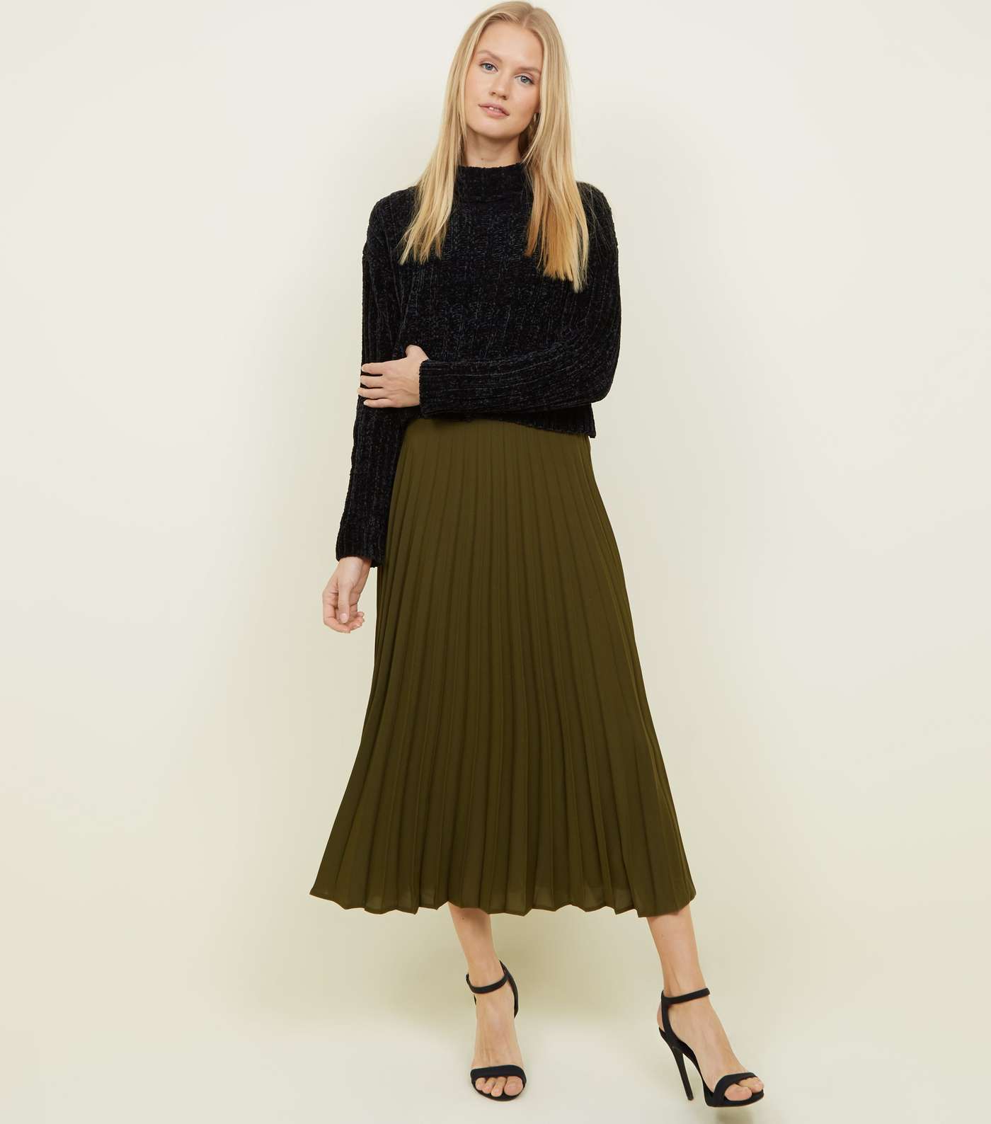 Khaki Pleated Midi Skirt 