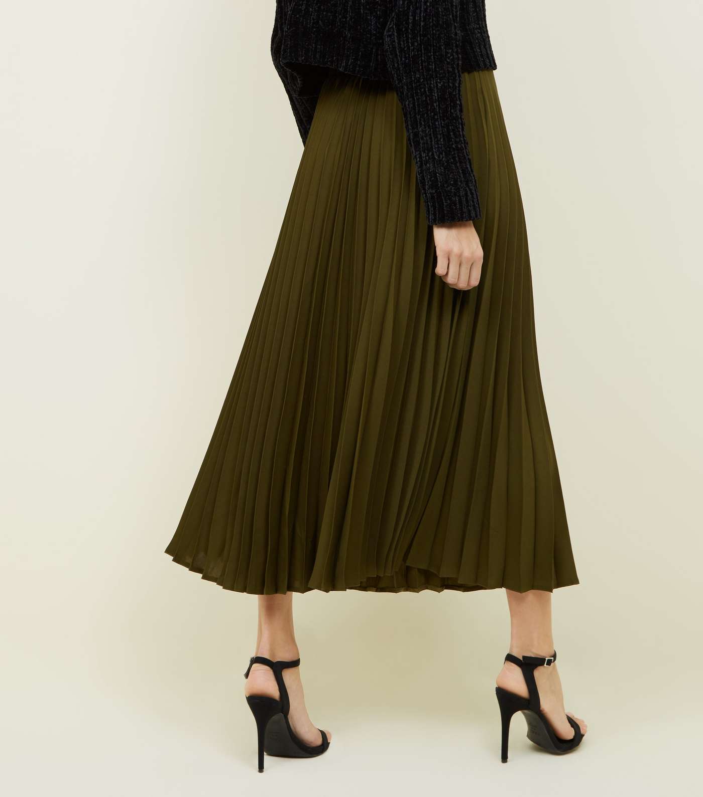 Khaki Pleated Midi Skirt  Image 3