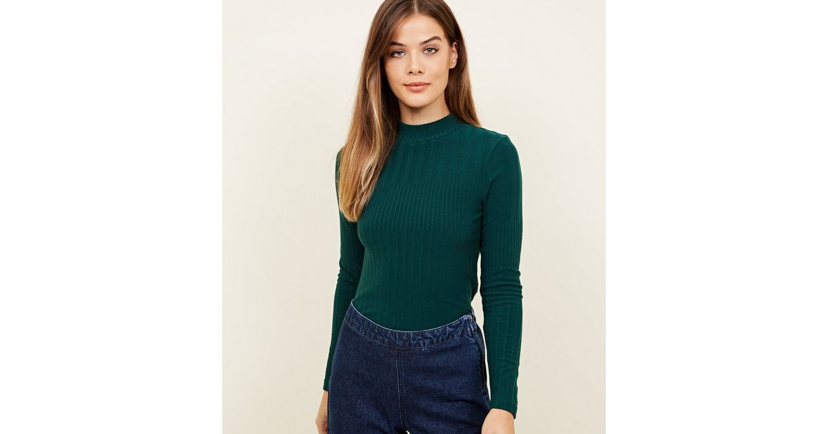 Dark Green Funnel Neck Ribbed Long Sleeve Top | New Look