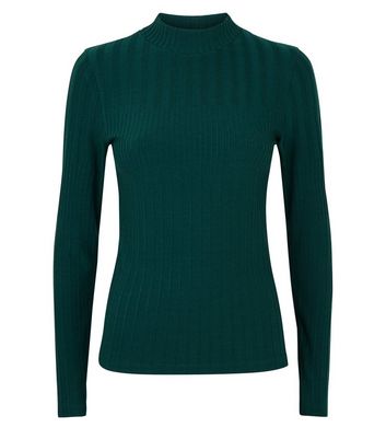 Dark Green Funnel Neck Ribbed Long 
