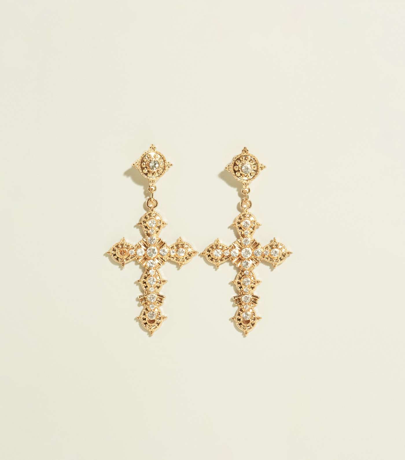 RE:BORN Gold Diamanté Cross Drop Earrings