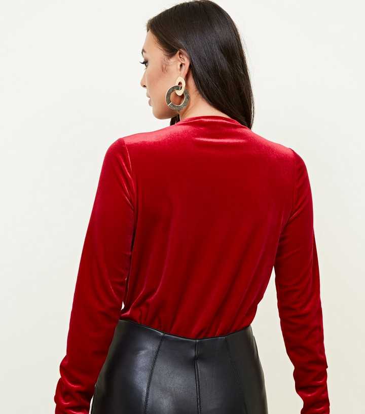 Elegant Red Velvet Wrap Front Bodysuit