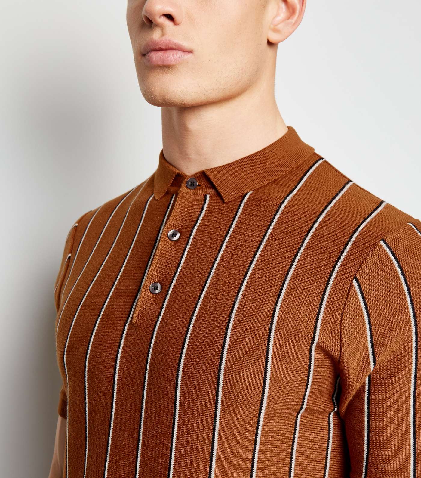 Tan Vertical Stripe Polo Shirt Image 5