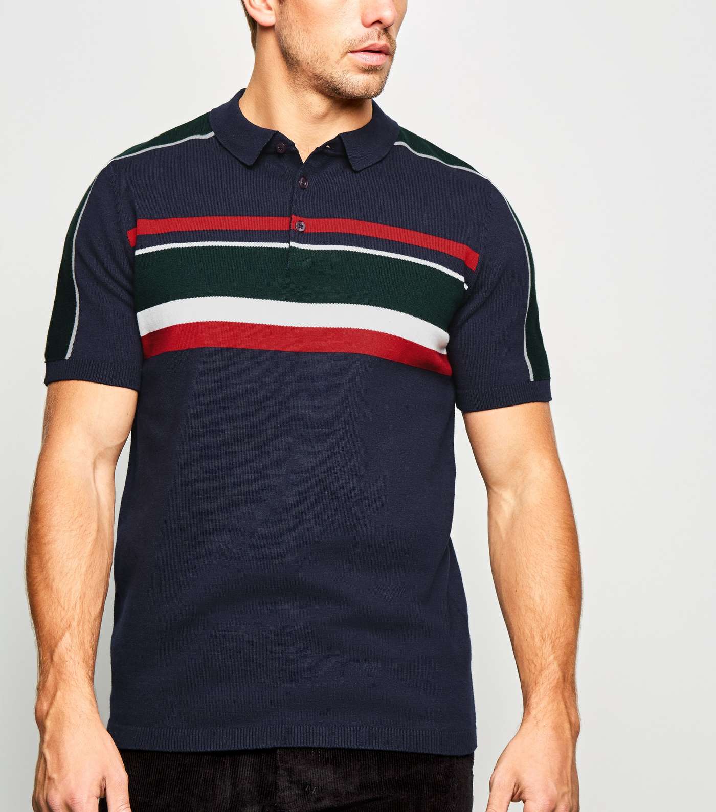 Navy Block Stripe Knit Polo Shirt