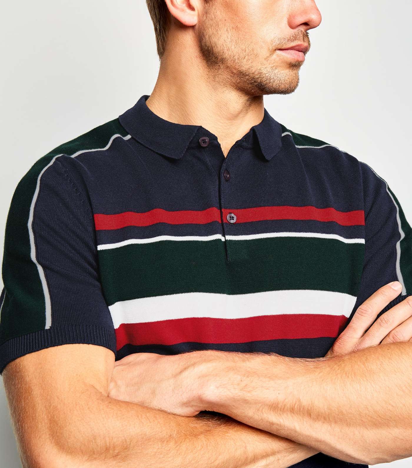 Navy Block Stripe Knit Polo Shirt Image 3
