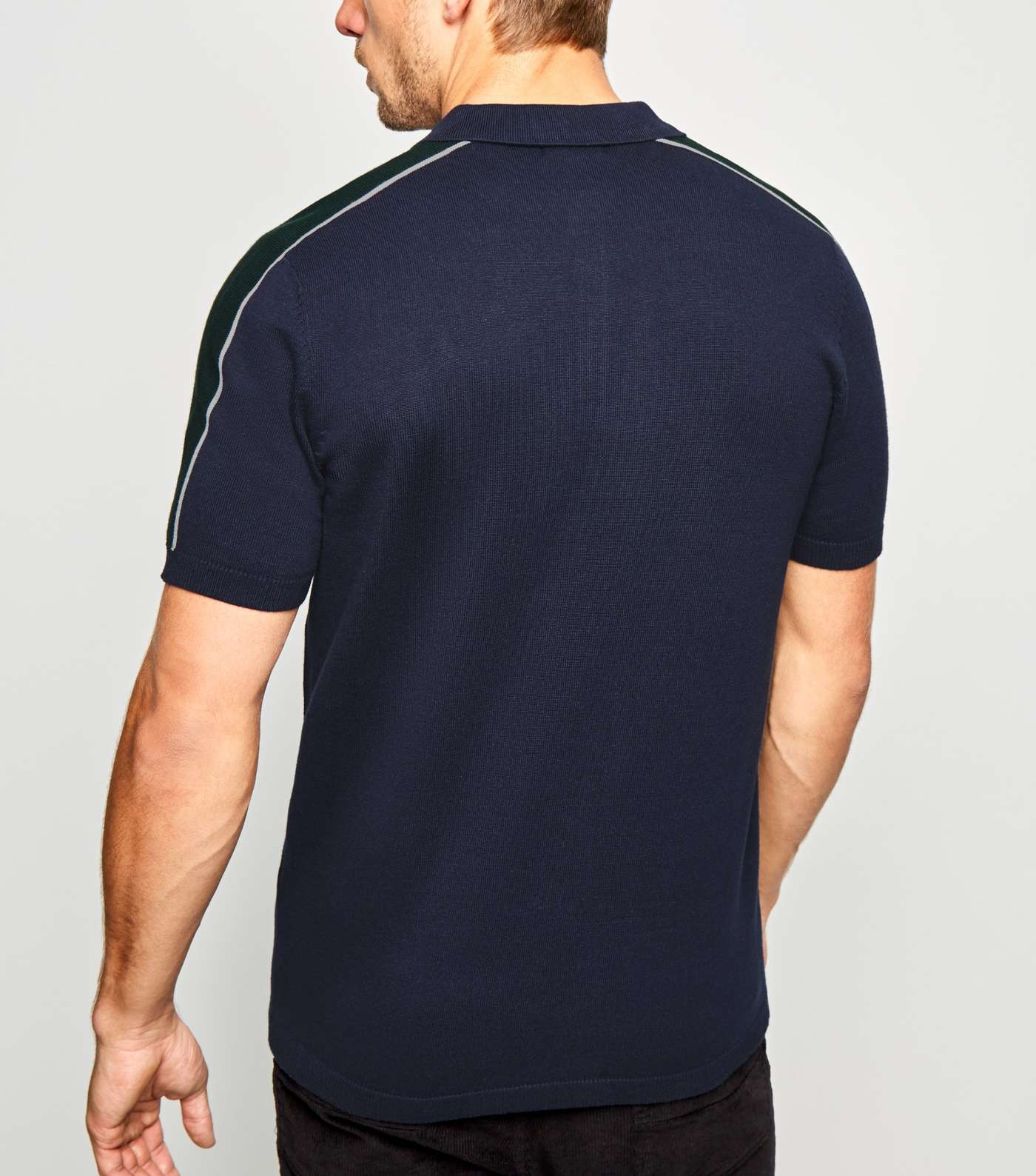 Navy Block Stripe Knit Polo Shirt Image 5